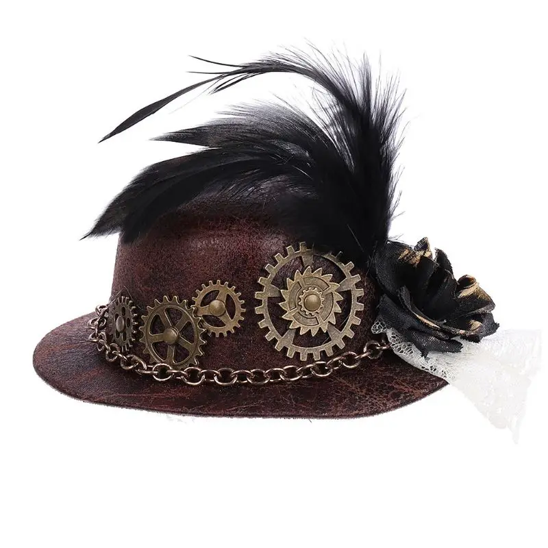 Moterų Helovinas Gotikos Mini Top Hat Steampunk Pavaros Grandinės Plunksnų Gėlių Fascinator Plaukų Įrašą Viktorijos Cosplay Kostiumas