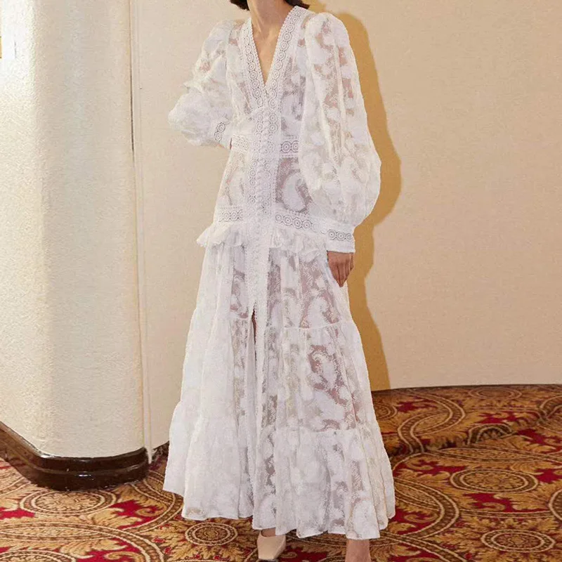 Moterų Nėriniai Vintage Suknelė Vasaros Žibintų Rankovės Siuvinėjimas Tuščiaviduriai Iš Aukšto Juosmens Maxi Suknelė