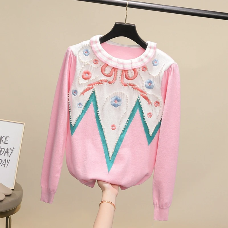 Rožinė lankas duobute siuvinėjimo džemperis moterims mielas megztas megztinis Modis gražių viršūnių 2020 m. rudens ir žiemos naujas atvykimas
