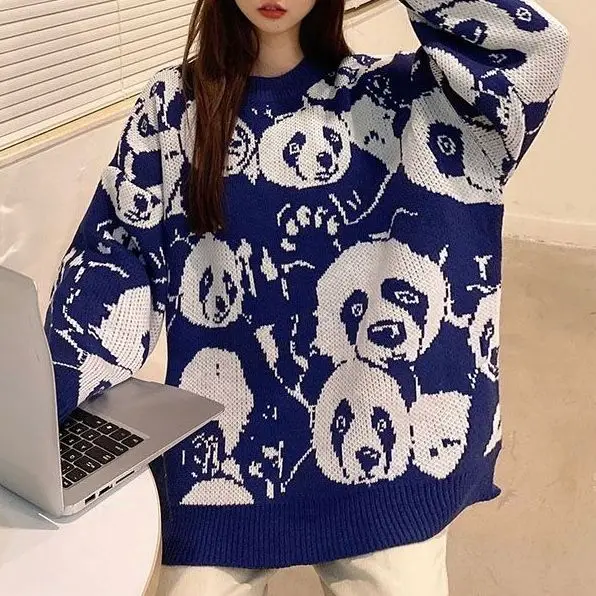 Harajuku Moterų Megztinis (Puloveris) Y2K Japonų Animacinių filmų, Komiksų Stiliaus Spausdinimo Raudona Panda Prarasti Plius Dydis Atsitiktinis Megzti Megztinis