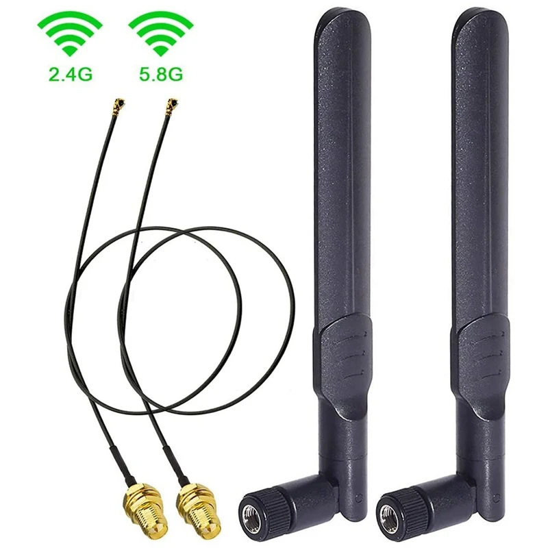 Dual Band WiFi 2.4 GHz, 5 ghz 5.8 GHz 8DBi RP-SMA Male Antenos & 20cm 8 Colių U. FL MHF4 į RP-SMA Female Galiuku Laidu 2-Pack