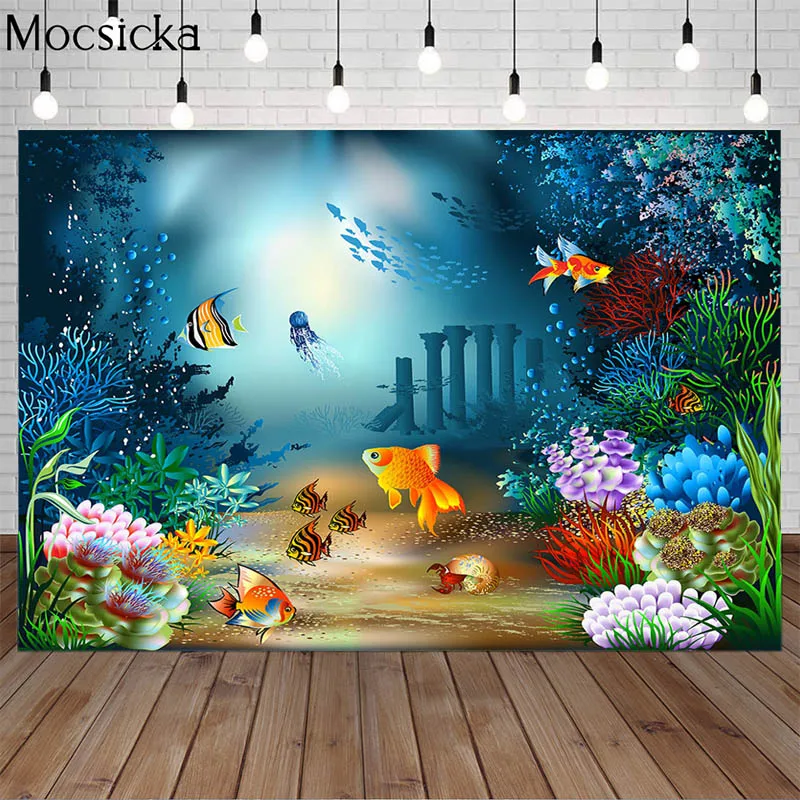 Mocsicka Povandeninio Pasaulio, Žuvų, Koralų Fotografijos Backdrops Spausdintos Vaikų Gimtadienio Akvariumas Pasaulyje Fotostudijos Fonai