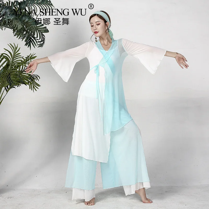 Moterų Stiliaus Kinijos Liaudies Šokių Gazas Suknelė Kūno Rimuoti, Ilgi Marškiniai, Klasikinės Šokėja Praktikos Drabužius Flowy Kostiumas Pločio Kojų Kelnės