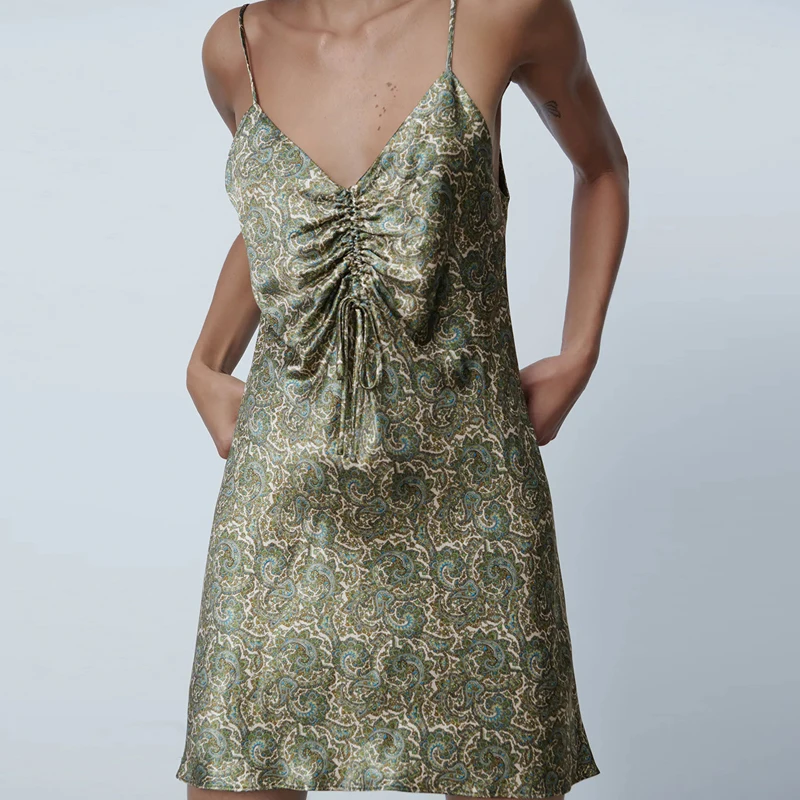 2021 Elegantiškos Mini Suknelė Moterims Vasaros Spageti Dirželis Seksualus Camisole Šalis Suknelės Mados Paisley Jaukus Lankas Derliaus Moterų Suknelė