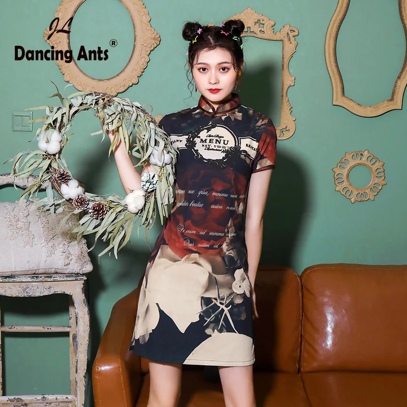 Moteris Penicl Suknelė Vintage Stiliaus Kinijos Spausdinti Slim Suknelė Už Šalis Tendencija 2020 Trumpas Rankovės Mandarinų Apykaklės Vestidos