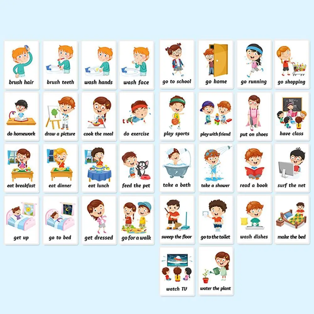 34 Anglų Kalbos Mokymosi Korteles Kasdieninį Elgesį Frazė Rašybos Namų Ruoša Flash Kortelių Atminties Žaidimas Žaislai Įdomus Mokymosi Ištekliai