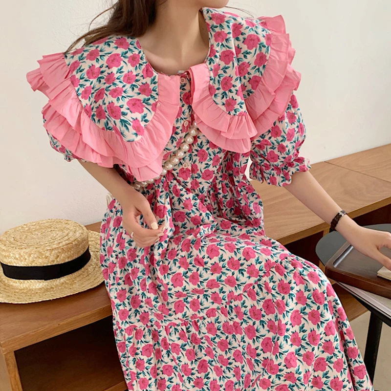 Kimotimo Gėlių Sluoksniuotos Rankovėmis Suknelė Moterims Korėjos Vasaros Amžiaus Sumažinimo Grybelio Peter Pan Apykaklės Prarasti Saldus Ilgai Ponios Suknelės