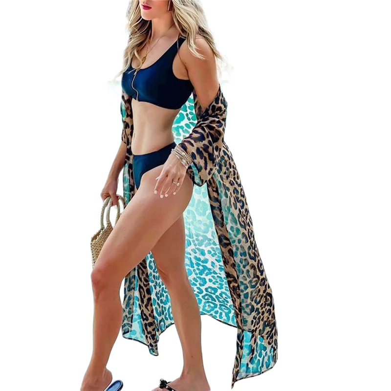 Moterų Šifono Leopard Nėrimo Vasaros Paplūdimio Bikini Padengti Iki Ilgai, Maudymosi Kostiumėliai, Maudymosi Kostiumą, Suknelę