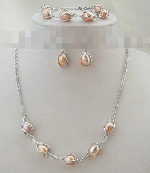 Karšto parduoti naujas - shitou 00691 KLASIKINIS baroko rausvos spalvos gėlavandenių perlų karoliai, auskarai, apyrankės rinkinys