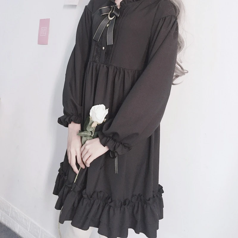 Japonijos Gotikos Moterys Juoda Pynimas Suknelė Žibintų Rankovės Lolita Stiliaus Studento Suknelė Saldus Kawaii Mielas Lankas Mergina Šifono Suknelė