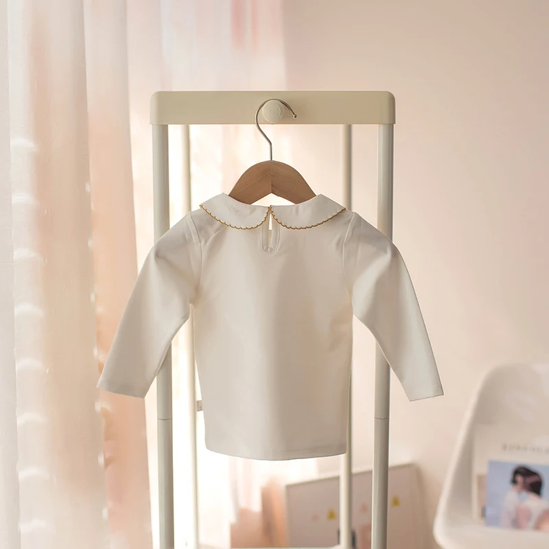 2021 Naują Pavasario Medvilnės Marškinėliai Bamblys Marškinėliai Baby Girl Ilgomis Rankovėmis Atvartas Siuvinėjimo Gėlės Rudenį Mergaičių T Shirts