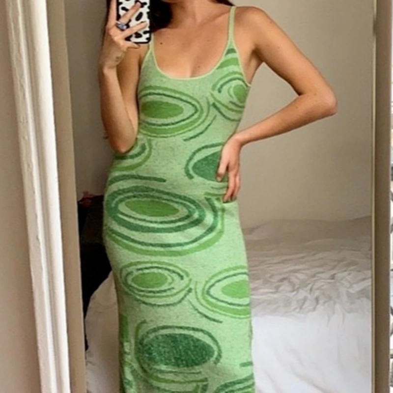 Vasaros Spausdinti Mezgimo Bodycon Suknelė Moterims Žalia Y2K Tuščiaviduriai Iš Rankovių Šalis Suknelė Sexy Diržas Beach 