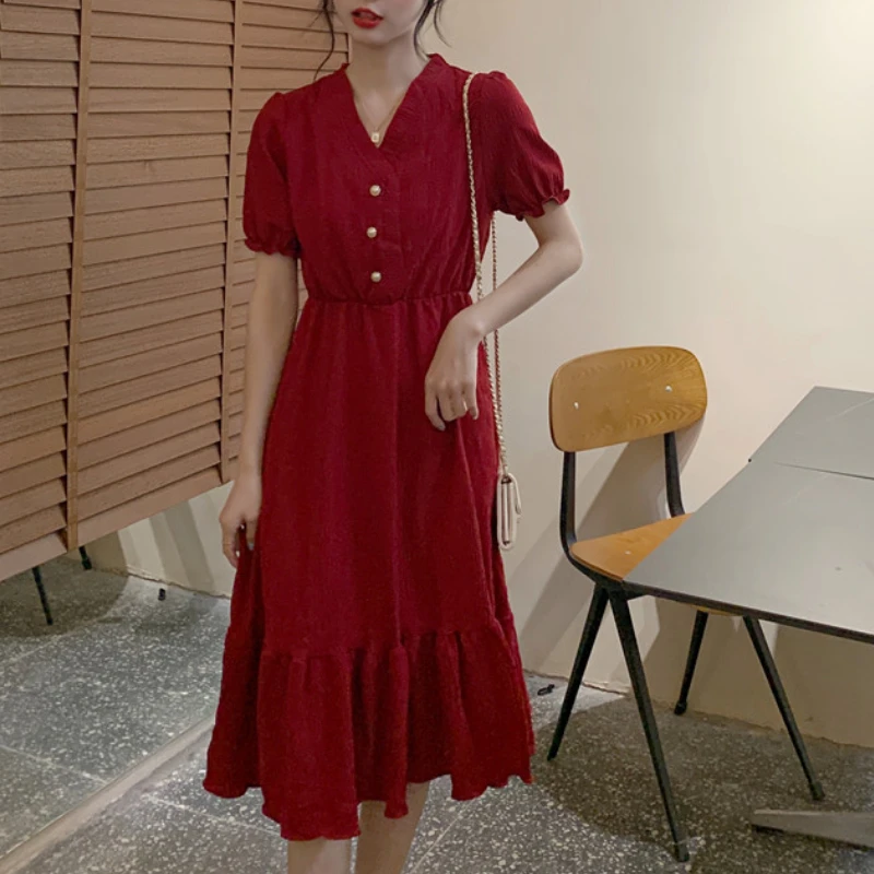 2021 Naujas Elegantiškas Moteris Šifono Suknelės Vasaros Trumpomis Rankovėmis V-Necki Tris Mygtuką Suknelė Moterų Kietas Pynimas Vestidos Dropshippping