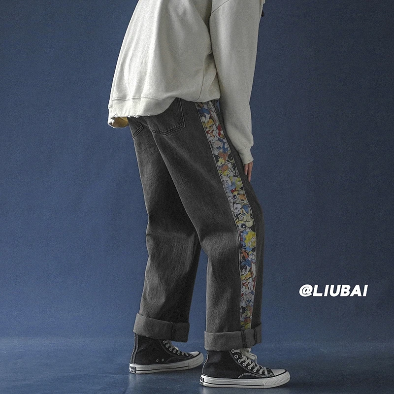 Džinsai, korėjiečių mados, universalus, platus platus kojų kelnės, mados prekės ženklo pavasario tiesios kelnės，vyrų džinsai。 baggy pants Parduoti