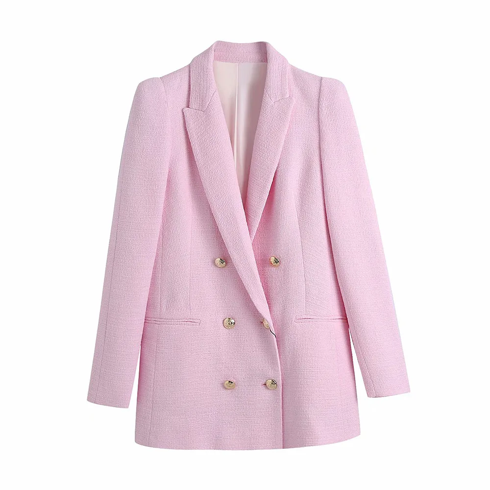 Ponios kostiumai 2021 m. pavasarį naują rožinė atvartas ilgomis rankovėmis, ilgas stiliaus visas rungtynes, atsitiktinis mados chic dvieiliai tekstūros švarkas
