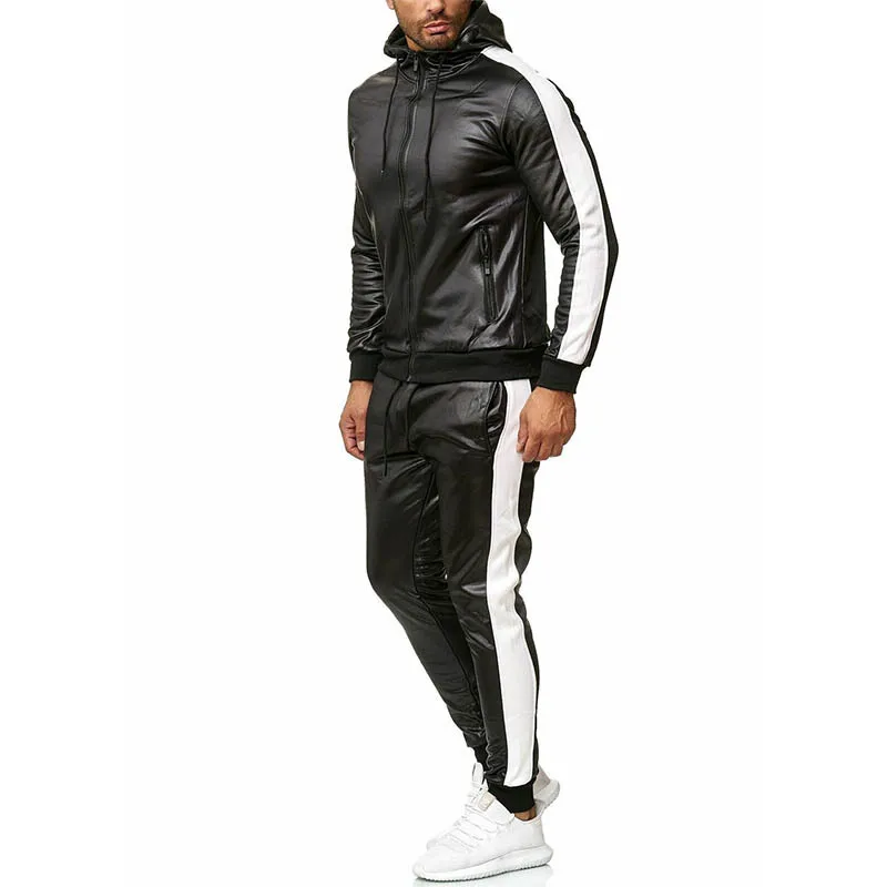 Naujas 2021 vyrų gobtuvu striukė ilgomis rankovėmis atsitiktinis sportinis kostiumas kelnės banga gryna spalva Prarasti PU odos, dviejų dalių