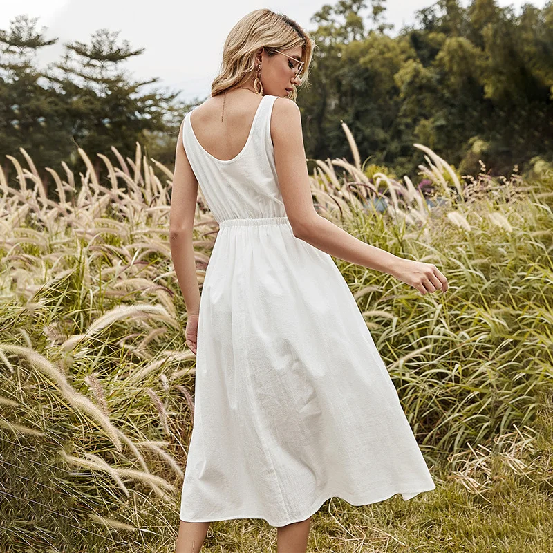 2021 m. pavasarį & vasaros suknelės naujas Amerikos moterų prancūzų romantikų balta suknelė Spageti Dirželis O-Kaklo Mid-Calf-LINE LYQ161