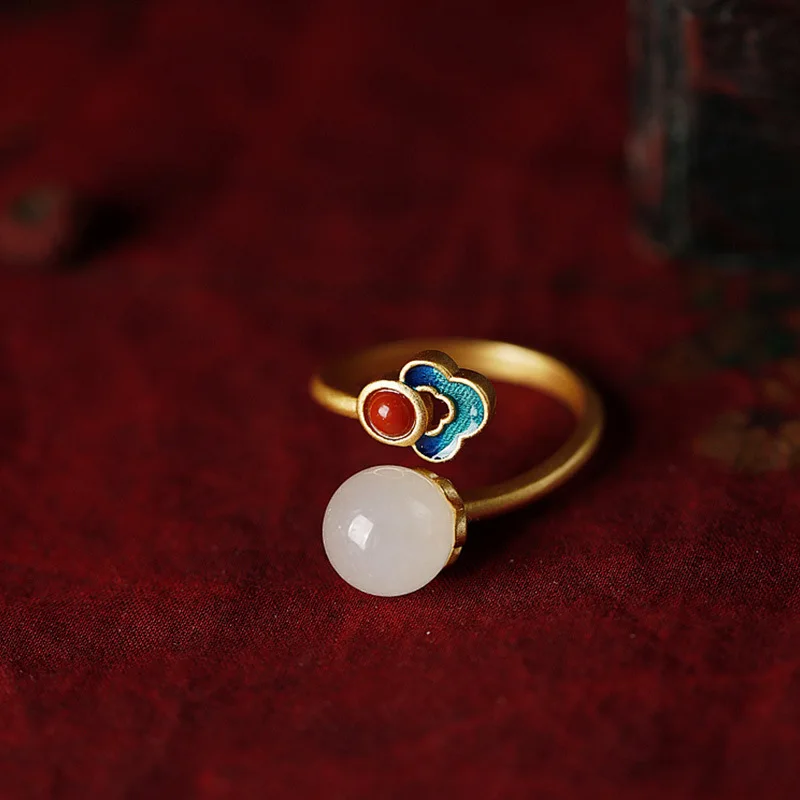 Kinų Stiliaus Emalio Gamtos Wada Jade Akmuo Žiedas Moterims Estetinės Meno Derliaus Tautos Juvelyrikos Apvalus Akmuo Žiedai