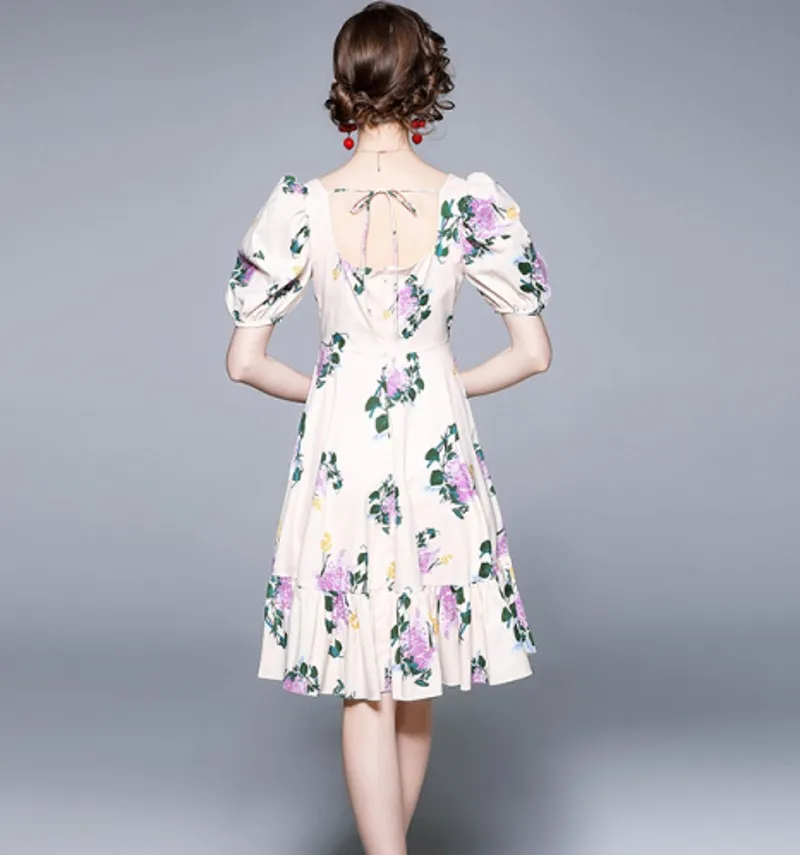 2021 vasaros Mados Dizaineris Suknelė Moterims sluoksniuotos rankovėmis Aikštėje Apykaklės Gėlių Spausdinti Atsitiktinis Aukšto Juosmens Šalis Suknelė