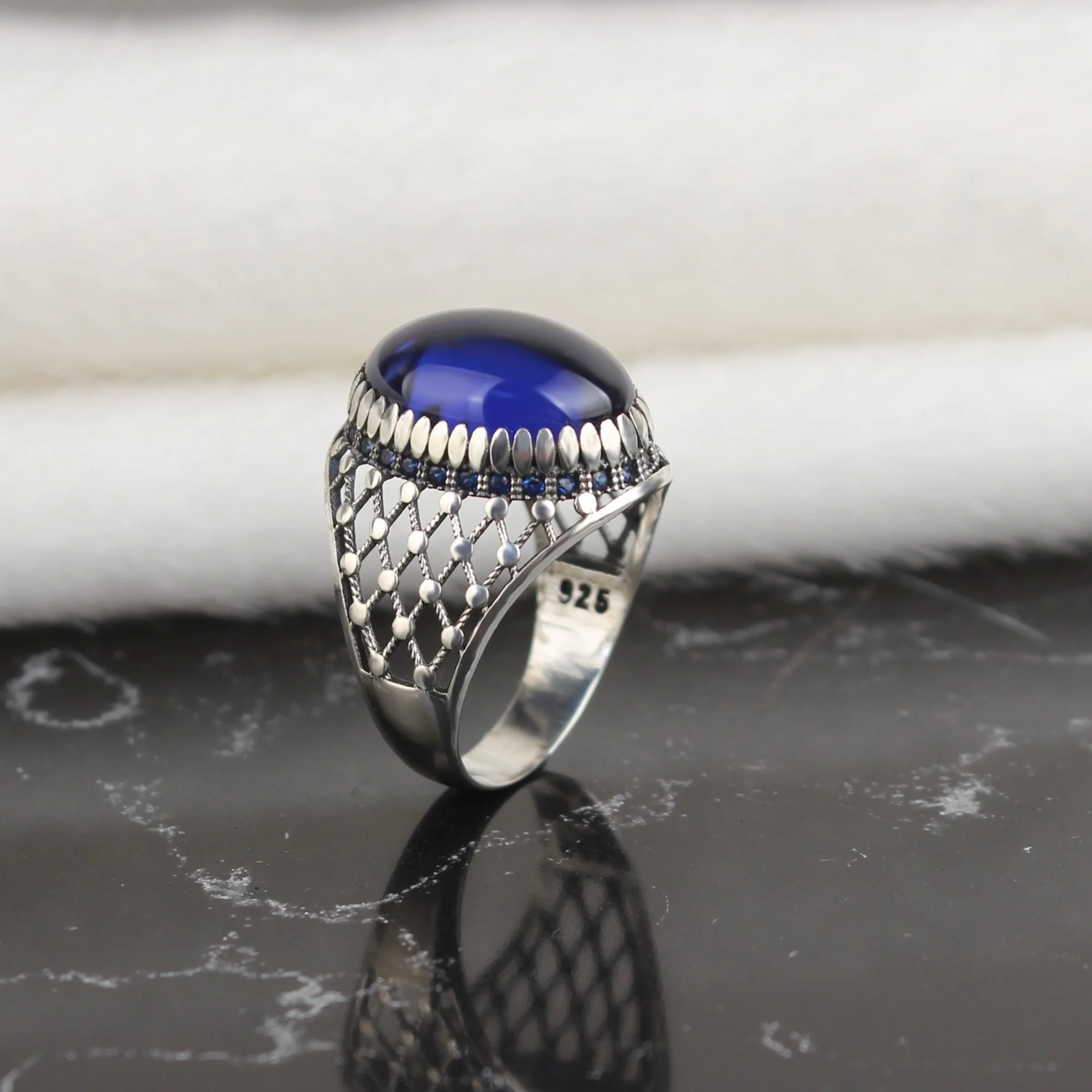 Vyriški žiedas 925 sterlingas sidabro turkų rankų darbo papuošalai mėlyna cirkonis akmuo, visi dydis