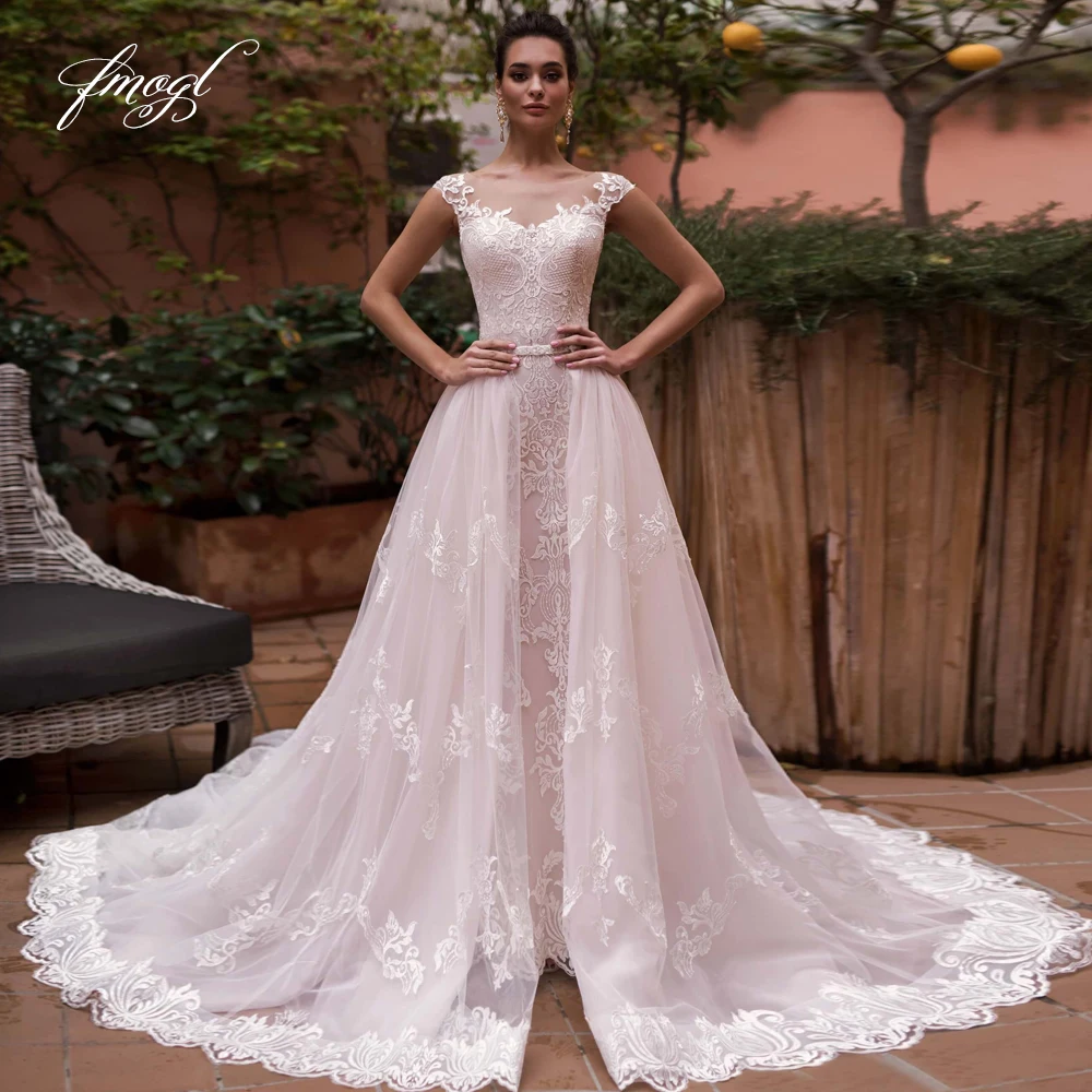 Fmogl Seksualus Iliuzija Bžūp Rankovėmis Nėrinių Undinė Vestuvių Suknelės 2021 Elegantiškas Appliques Mygtukas Nuimamas Traukinio Trimitas Nuotakos Suknelė