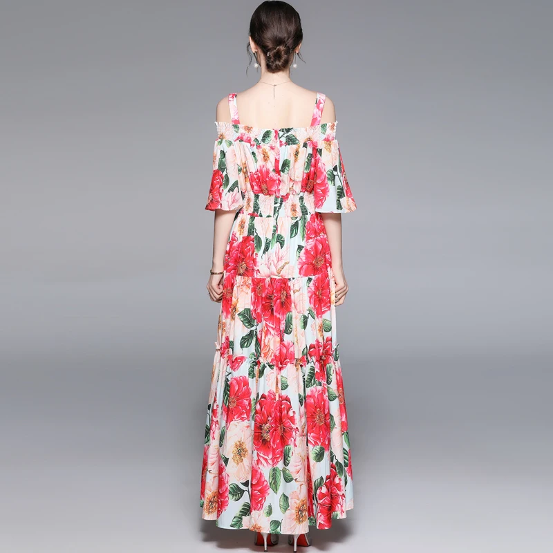 Banulin 2021 m. Vasarą Dizaineris Elegantiškas Maxi Suknelė Moterų Off Peties elastinga Juosmens Gėlių Spausdinti Boho atostogų Šalis Ilga Suknelė
