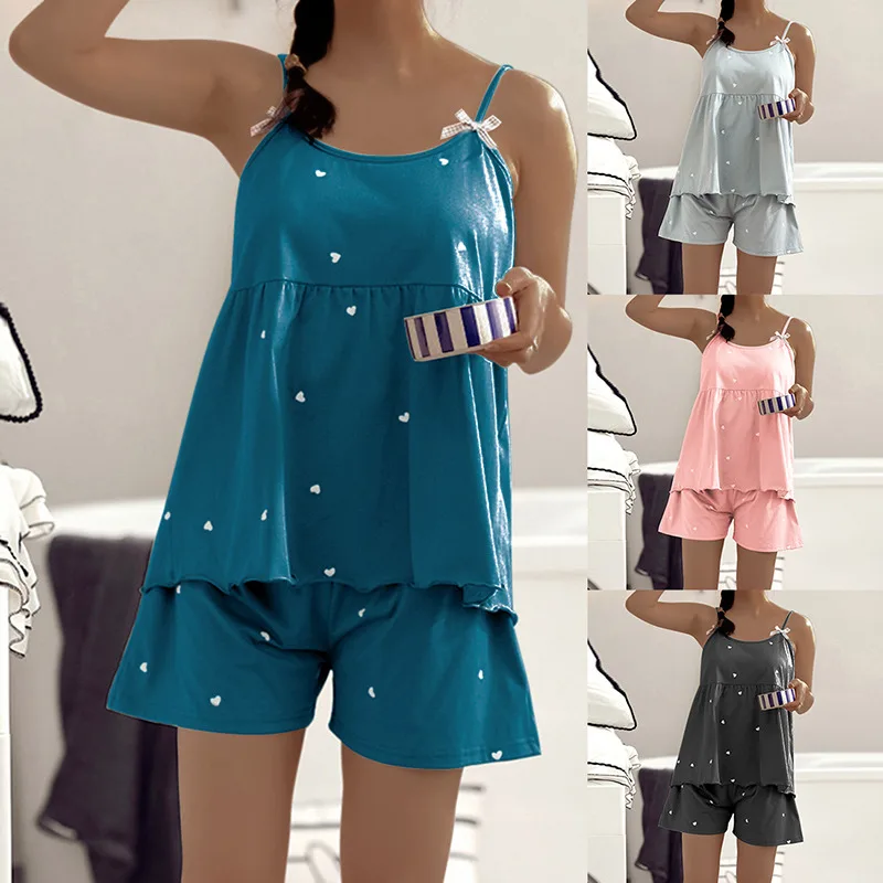 2021 Vasaros Poilsio Pajama Komplektai Moterų Sexy Sleepwear apatinis Trikotažas Rankovių Spageti Dirželis Pižamos Femme Viršuje + Šortai naktiniai drabužiai