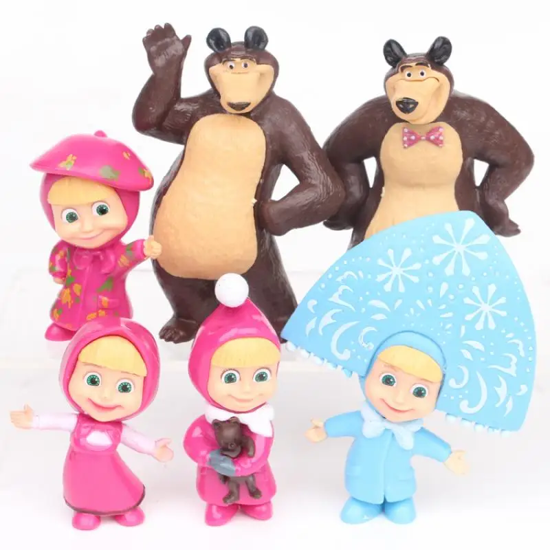 6Pcs/set Maša ir Lokys Lėlės Žaislo Modelis Scena Modeliavimo Papuošalai Anime ir Animacinių filmų Mielas Pvc Duomenys Žaislai, Lėlės Dovana Vaikams