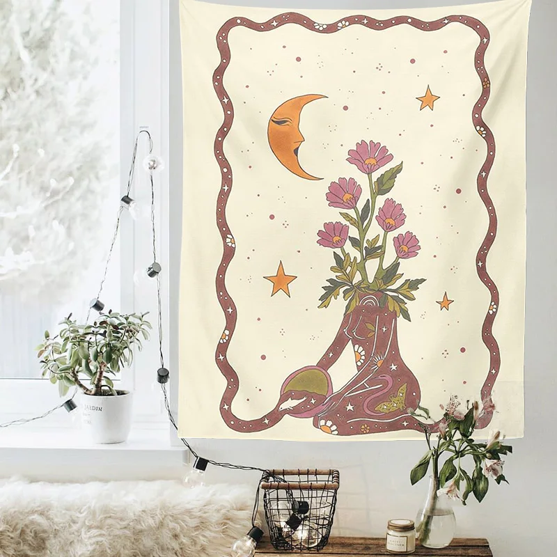Taro Kortų Gobelenas Sun Moon Star Sienos Kabo Astrologija Būrimą Raganavimas Saulės, Mėnulio Deivės Dekoro augalų, gėlių Siuvinėjimas
