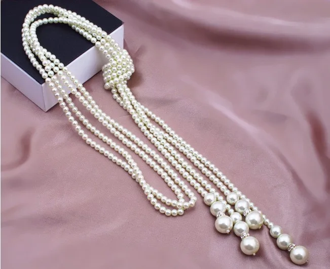 Klasikinis dvigubas mazgas imitacija, perlų kutas ilgi karoliai ilgio rišti kutas karoliai moterų mados megztinis, bižuterijos gif
