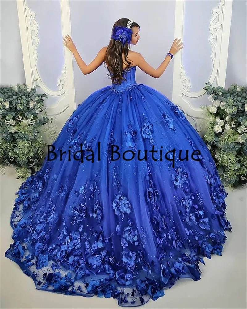 Vestidos de XV años Royal Blue Quinceanera Suknelės su 3D Gėlių Aplikacijos Korsetas Viršuje Zawalcowany Kamuolys Suknelė Saldus 16 Suknelė Plius Dydis
