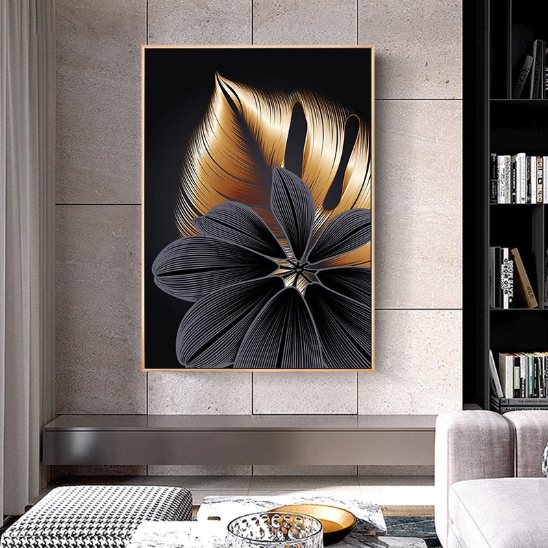 Golden Black Augalų Lapų Drobės Plakato spauda Šiuolaikinio Namų Dekoro Abstraktus, Sienų Tapyba už Kambarį Miegamojo Puošmena Nuotrauką