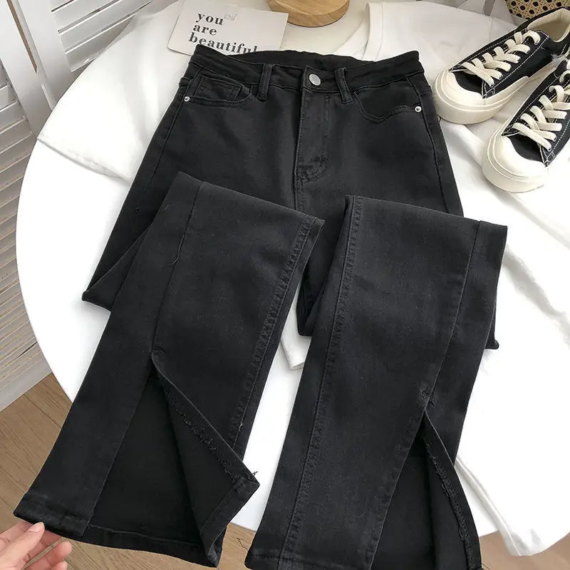Padalinta džinsai moterų tiesiai ilgis micro kelnės aukštu juosmeniu plonas vasarinis plonas 2021 naujas ritininės grindų kelnės