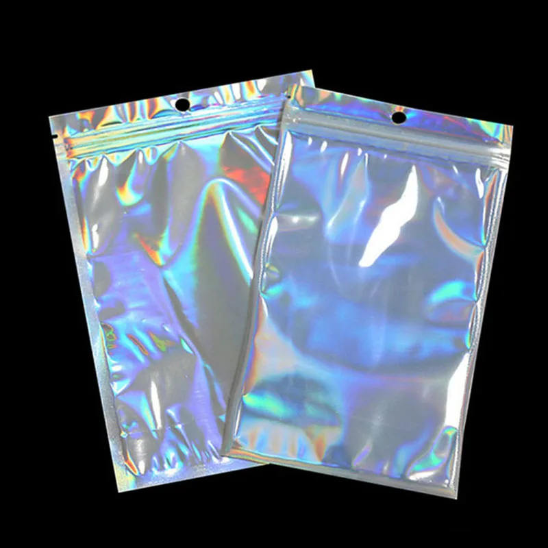 50Pcs/daug Plastiko Maišą Aliuminio Folija Holograma Maisto Maišelis Mažas Vandens Įrodymas Užtrauktukas Reclosable Maišeliai su Užtrauktuku Saugojimo Krepšiai