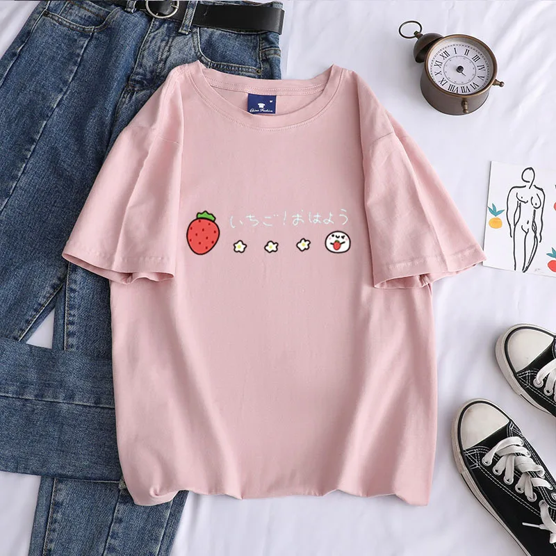 2020 Harajuku Kawaii Braškių Pieno Mergaičių marškinėliai Atsitiktinis Viršūnes Negabaritinių Moterų Kpop Lolita Stiliaus Braškių Moksleivė