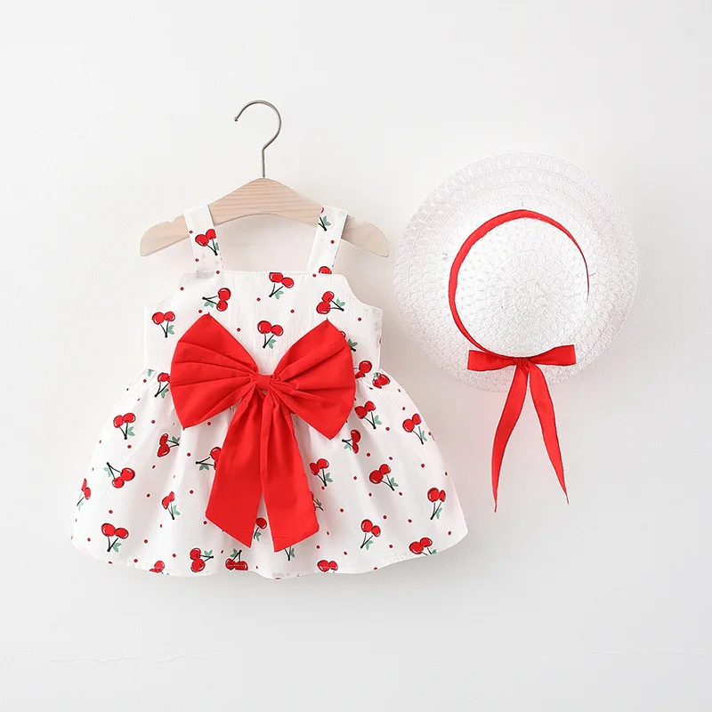 2021 Karšto Pardavimo Baby Girl Dress Vaikai Suknelės Mergaitėms 2vnt Rinkiniai Lankas Vyšnių Spausdinimo Dirželis Mergaičių Suknelė+hat Sweet Baby Drabužius 0-3Y