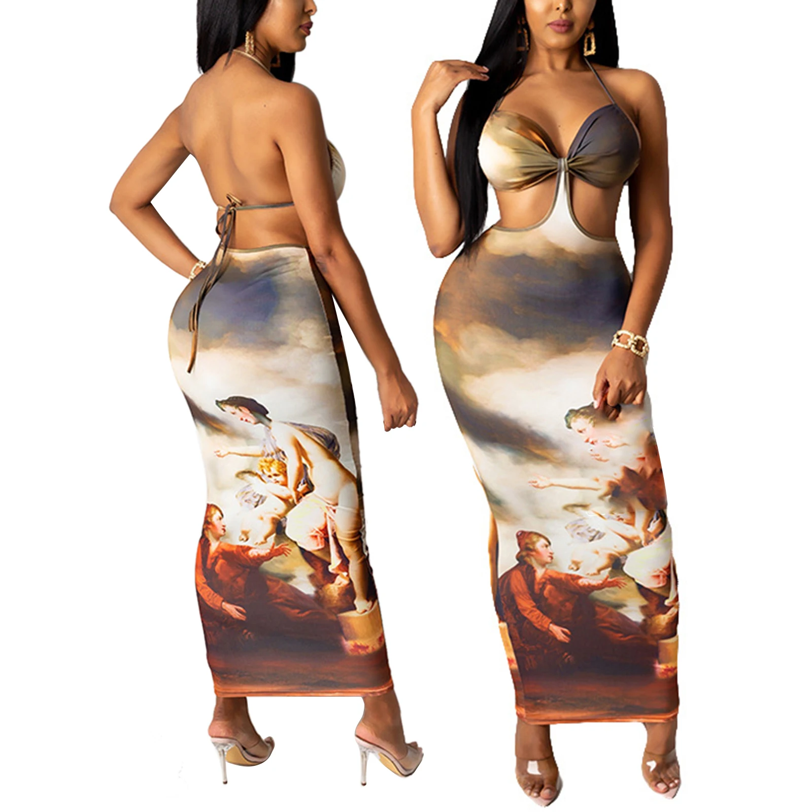 Moterų Retro Stiliaus Seksuali Suknelė, Smėlio spausdintą Modelio Rankovių V-kaklo, Tuščiaviduriai Iš Suknelės Naujas Mados 2021