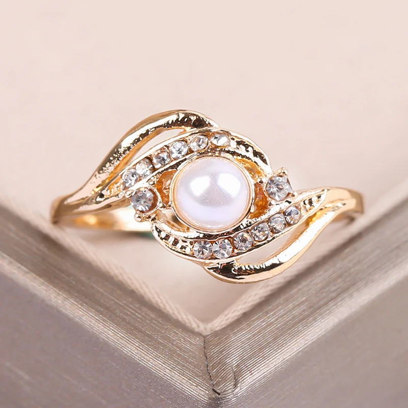 Klasikinis Perlų Imitacija Vestuvinį Žiedą, Moterims, Elegantiška White Crystal Aukso Spalvos Metaliniais Žiedais, Geometrinis Apvalūs Žiedai Karšto Pardavimo