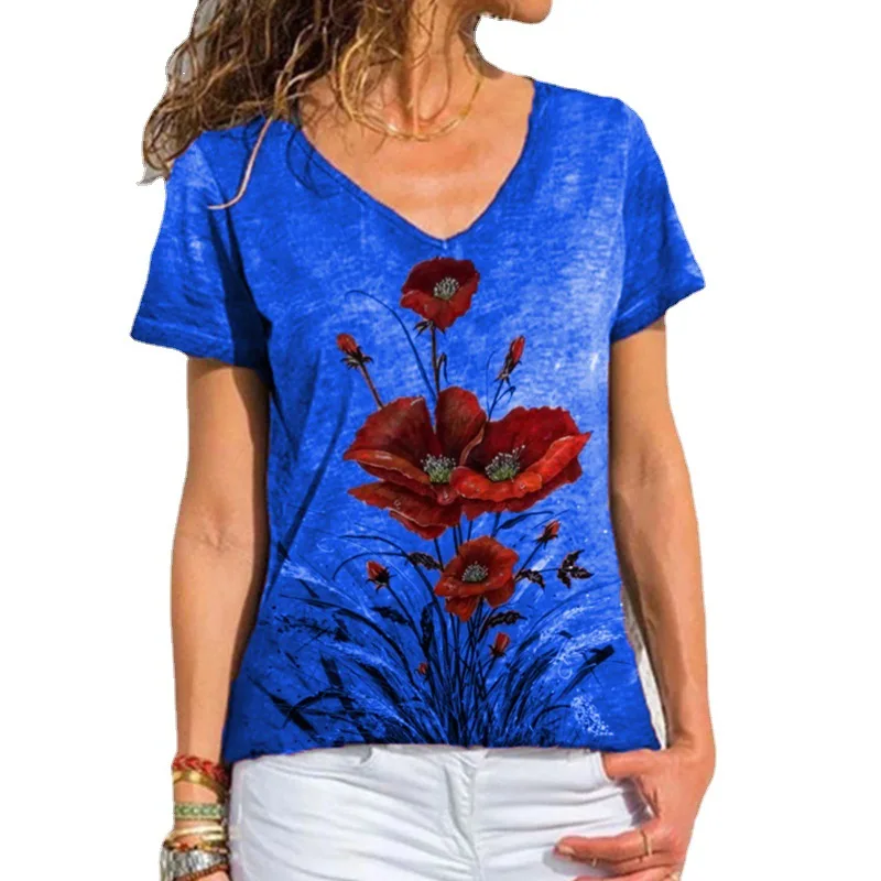 Vasaros Marškinėlius Gėlių Spausdinti Puloveris Viršūnes Moterų Atsitiktinis trumpomis Rankovėmis V-kaklo Prarasti Derliaus T-shirt Plius Dydis Femme, Mados Drabužiai