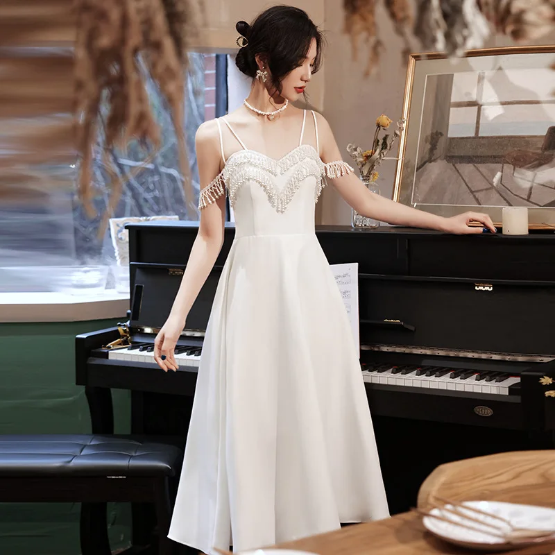 Prancūzijos Mažųjų vakarinę Suknelę Baltos spalvos Suspender Maža Suknelė Moterų Ponios Princesė Suknelė Vidutinio ilgio Pokylių vakarinę Suknelę Moteris A283