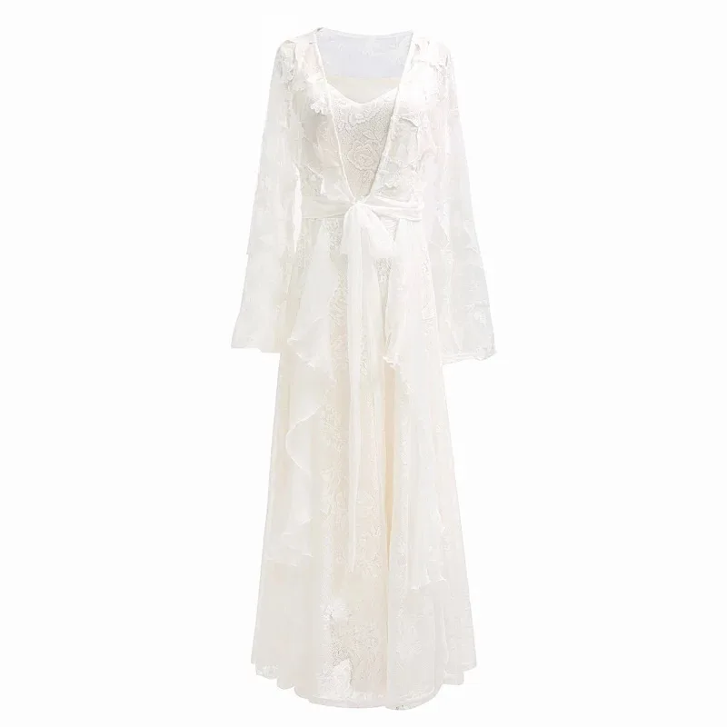 YOSIMI Smėlio spalvos Ilgas Moterų Suknelė 2021 Vasaros Vakarą Šalies Maxi Nėrinių Dviejų dalių Fėja Drugelis 3D Siuvinėjimo Ilga Elegantiška Suknelė