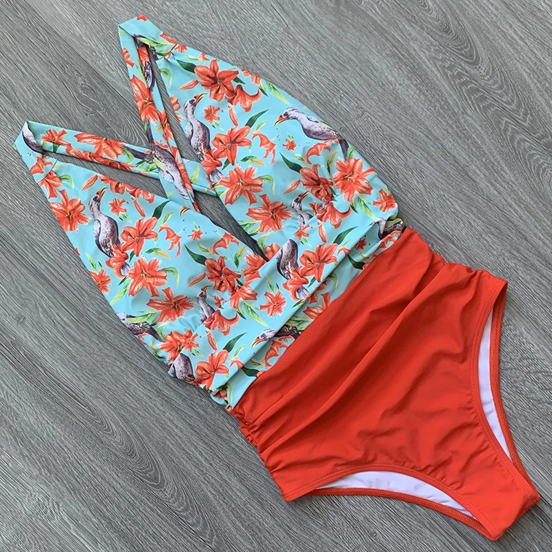 2021 Seksualus vientisi maudymosi kostiumėlį Moteris Gėlių Moterims maudymosi Kostiumėliai, Push Up Maudymosi Kostiumai Bodysuits Paplūdimio drabužiai Giliai V-kaklo, Pynimas Monokini