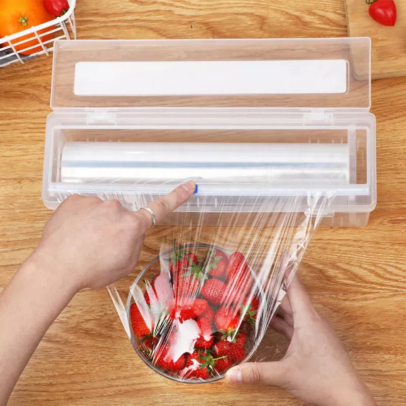 Plastikinių Maisto Wrap Balionėlis Su Skaidrių Pjovimo Aukščio Kabintis Kino Cutter Virtuvės Išsaugojimo Folija Talpinimo Siurbimo Apačioje