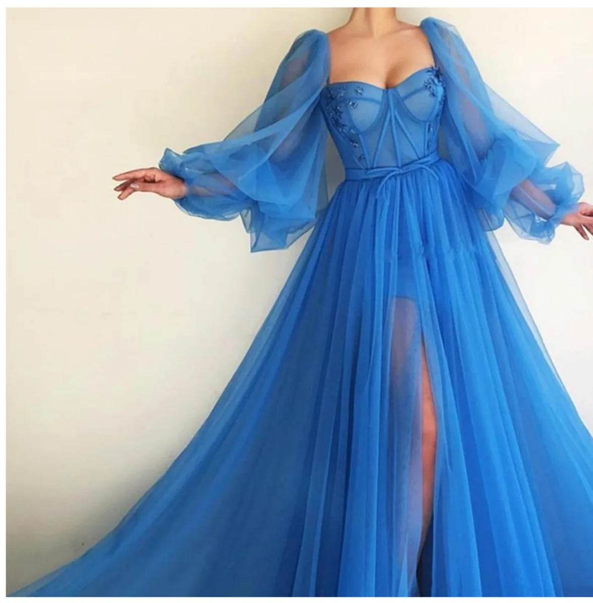 Mėlyna Dubajus Vakaro Suknelės Ilgai Seksualus Plyšio V-kaklo Zawalcowany Tiulio Oficialų Suknelė Vakare Šalies Skraiste, Pigūs Ilgai Vakare Gown