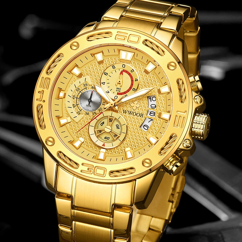 WWOOR Vyrų Laikrodžiai 2021 Prabanga Vandeniui Kvarcinis Analoginis Aukso laikrodis Vyrams Mados Karinės Didelis Ciferblatas Vyrų Sporto Chronograph Laikrodis
