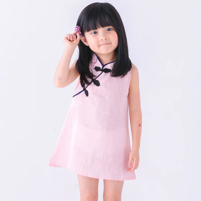 Korėjos versija mažoji princesė suknelė vasarai naujų vientisos spalvos sagtis medvilnės ir cheongsam mergaitės suknelė
