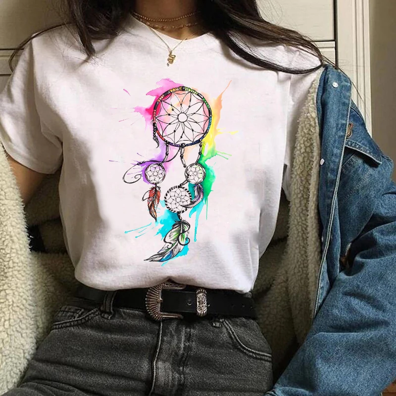 ZOGANKIN Moterų Drabužiai Lady Tees Dreamcatcher Grafinis Atspausdintas Mielas 90-ųjų Stiliaus Mados Viršūnes Moterų Vasaros Trumpas Rankovės Marškinėliai
