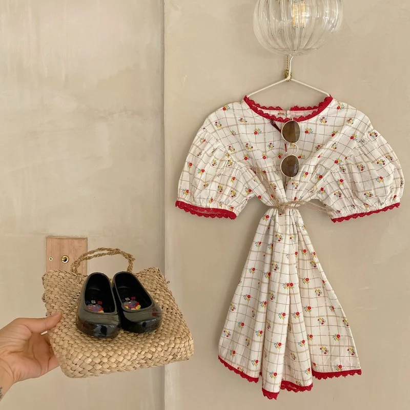 Vaikams Iki 2021 M. Vasarą Naujų Mergaičių Suknelė Pledas Spausdinti Medvilnės Suknelės Bamblys Vaikai Nėrinių Trumpas Rankovės Mados Atsitiktinis Suknelė