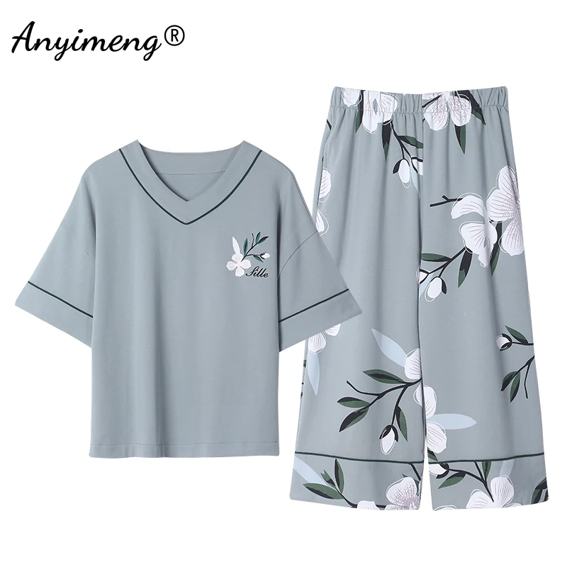 Plius Dydis Moterų Pižama M-5XL Medvilnės Sleepwear Laisvalaikio Namuose Tinka Didelis Dydis Ponios Elegantiškas Gėlių Spausdinti Moters Pyjama Naujas