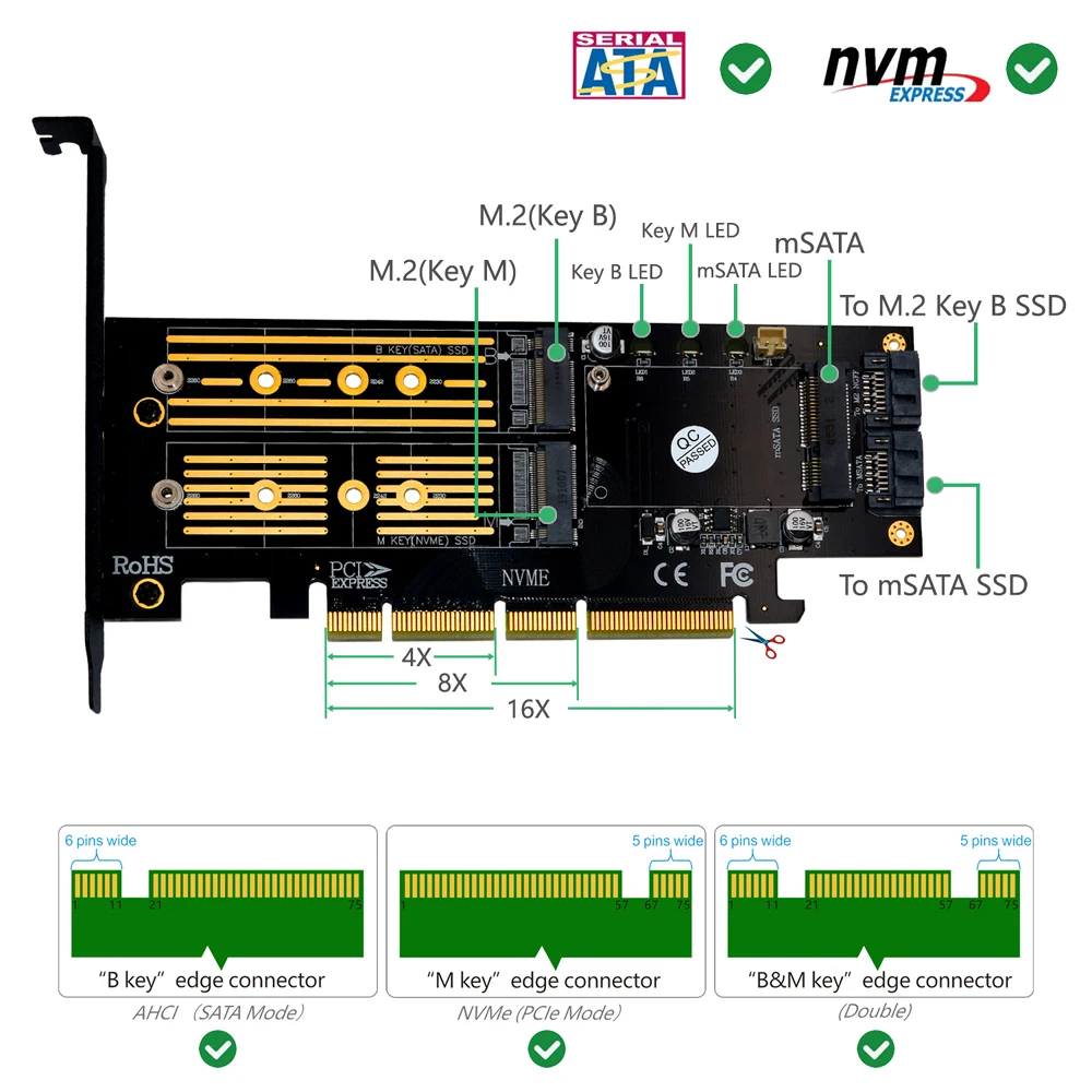 M. 2 NVMe SSD NGFF mSATA PCI-E X4/X8/X16 Pjesė M Mygtukas B Mygtukas mSATA 3in1 PCI Express Stove Kortelės mSATA SSD PCIE M. 2 SATA Adapteris